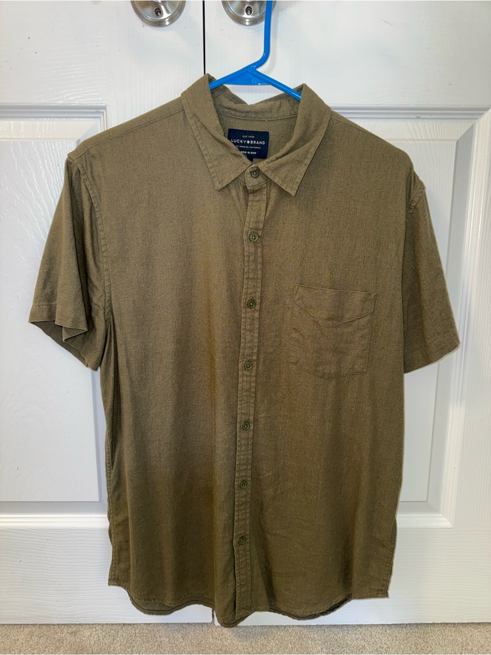 Lucky Brand Linen Blend Button Up Shirt Men’s Medium Olive Short Sleeve